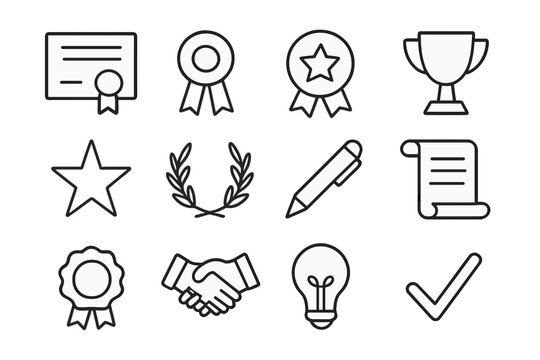 Merit Recognition Icons. Merit recognition. Line outline icon set of merit recognition: certificate, ribbon,