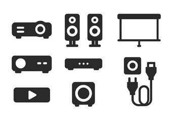 Home Theater Icons. Home theater setup. Filled icon set of Home theater setup: projector, speakers, screen,