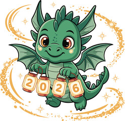 Obraz premium Adorable green dragon holds lanterns with 2026 numbers on transparent background