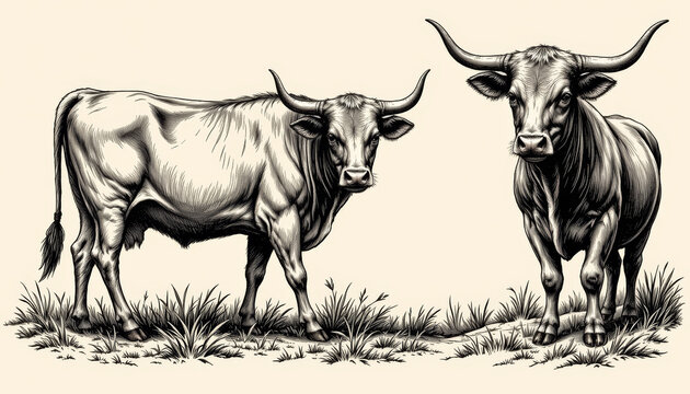 Cow bull horn livestock farm grass pasture rural sketch monochrome Calm cow bull horn livestock farm grass pasture rural sketch monochrome