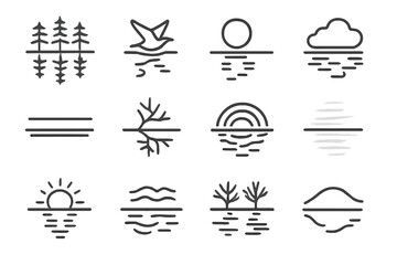 Winter Icon Reflections. Winter reflections. Line outline icon set of Winter reflections: reflected tree line,