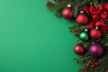 Christmas Decoration with Ornaments Pine Branches and Green Background