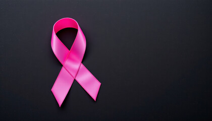 Pink ribbon breast cancer awareness support charity hope health symbol with gentle light on black background, calm and powerful message for care