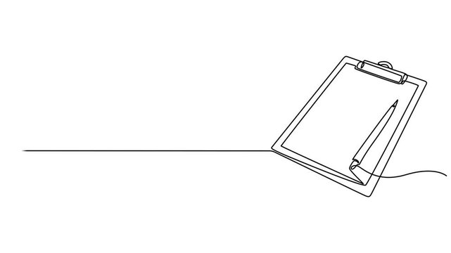 Video. Simple clipboard line with checklist and pen, pencil, to-do list, testing and reporting concepts. Animation on white background. 4K, Clipboard with checklist and pen Continuous line draw Full.