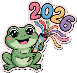 Obraz premium Celebrating new year 2026 with a cute cartoon frog holding party confetti cracker