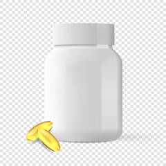 omega-3 capsule and white plastic pill bottle mockup