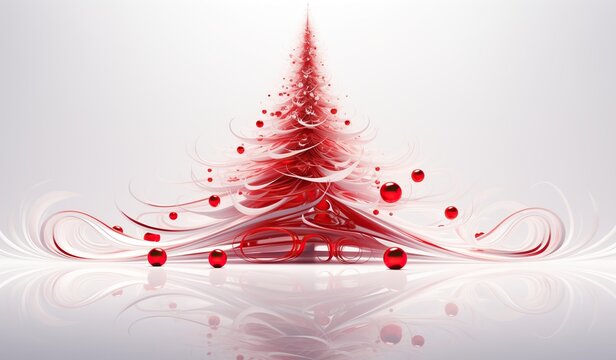A digital art illustration of a Christmas tree with red and white swirls adorned with red ornaments at the base on a plain white background. - Powered by Adobe