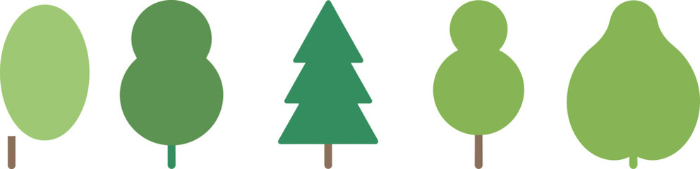 Set of green trees, simple flat vector icons, forest, park, and nature elements, isolated illustration.
