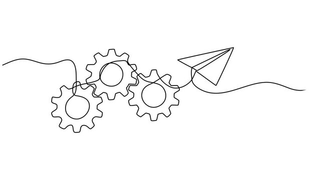 Video. Gears with paper airplane one continuous editable line. Concept of learning, business, Animation on white background 4K. Line gear continuous one art cog icon work business factory wheel. pro.
