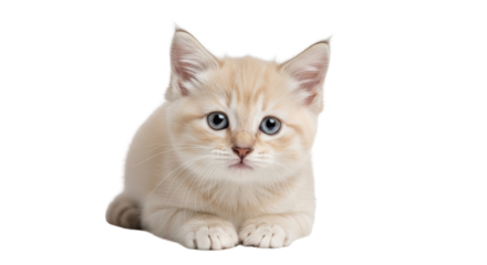 Adorable cream tabby kitten with blue eyes lying down isolated for pet marketing. isolated PNG with Transparent Background