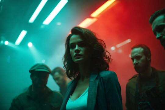 Woman confronting suspicious men in moody cinematic nightclub atmosphere