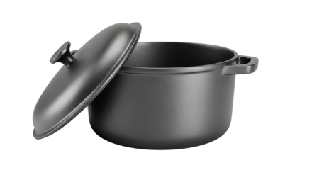 Black cast iron cooking pot with open lid, heavy duty kitchenware product photography. isolated PNG with Transparent Background