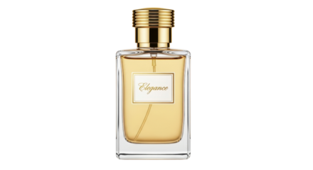 Elegant luxury amber perfume bottle with gold cap and Elegance label isolated PNG with Transparent Background