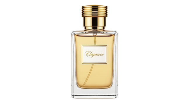 Elegant luxury amber perfume bottle with gold cap and Elegance label isolated PNG with Transparent Background