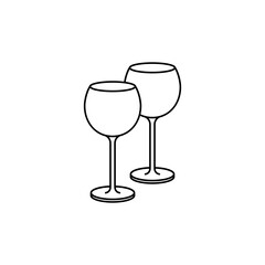 2 glass wine icon. Two outline empty wine glasses icon standing side by side. Vector line art illustration.
