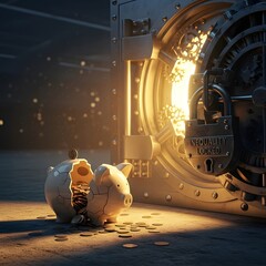 A piggy bank with a cracked surface and coins scattered around it in front of a large vault door with a glowing light and a lock labeled 'Inequality Locked' 