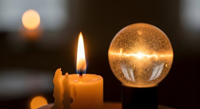 A close-up of a lit candle and a glowing spherical light fixture creating a warm and cozy ambiance in a dimly lit room