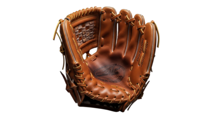 New brown leather baseball glove for catch and American sports equipment promotion. isolated PNG with Transparent Background