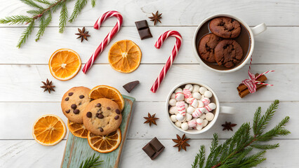Christmas Dessert Flat Lay: Cookies, Hot Chocolate, Candy Canes, and Spices