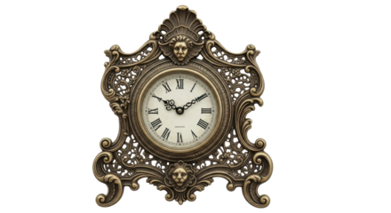 Ornate vintage bronze decorative desk clock with Roman numerals for luxury design. isolated PNG with Transparent Background