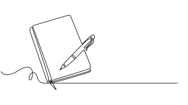 Animated continuous one line drawing of notebook with a pen on it. Self drawing animation of single line, notebook with a pencil. Writing business draft on office notes concept, Full length animation.