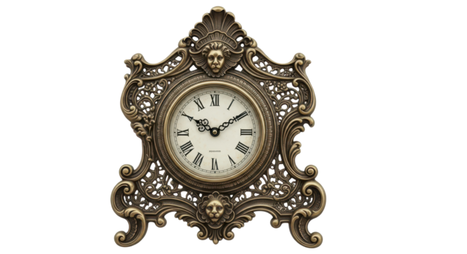 Ornate vintage bronze decorative desk clock with Roman numerals for luxury design. isolated PNG with Transparent Background