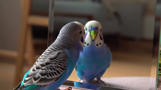 A beautiful parrot gazing at its own reflection in a mirror. The vibrant blue and green plumage of the bird creates a stunning contrast against the reflective surface. Stock Video