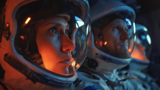 Space Explorers: A trio of astronauts, fully suited and focused, poised on the cusp of an interstellar journey, their faces lit by the ambient glow of the spaceship's interior. 
