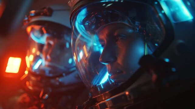 Interstellar Explorers: A cinematic shot reveals two astronauts clad in futuristic helmets, gazing intently through their visors, immersed in the awe-inspiring realm of space.