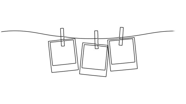 Self drawing animation Photo frames hanging on the rope with clothespins in one continuous line drawing. Full length animation High quality 4k video. Clothesline with pin and peg for photo album style