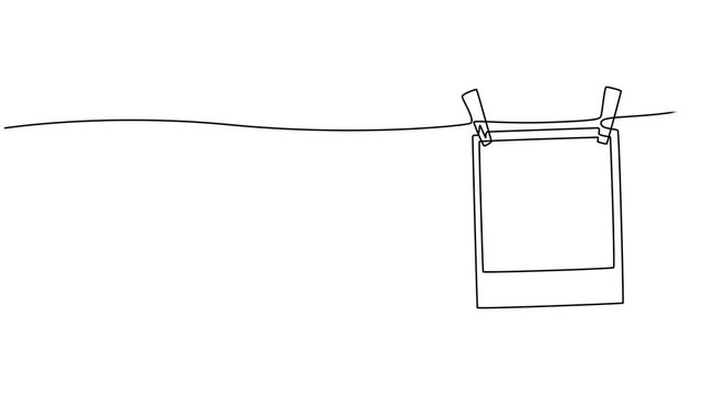 Self drawing animation Photo frames hanging on the rope with clothespins in one continuous line drawing. Full length animation High quality 4k video. Clothesline with pin and peg for photo album style