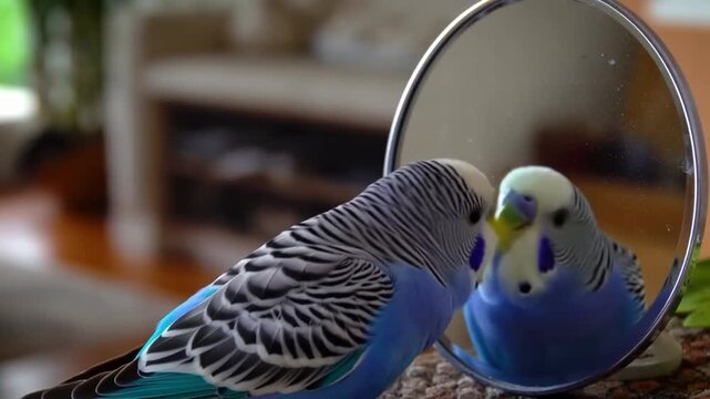 A curious blue parakeet gazes intently at its reflection in a round mirror. The bird appears fascinated, creating a charming and intriguing scene.  Stock Video