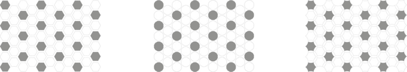 Geometric Seamless Patterns with Hexagonal and Circular Grid Designs in Monochrome vector art illustration.