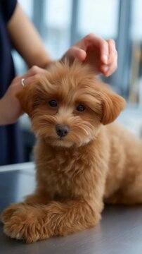 Adorable fluffy brown puppy receiving gentle grooming at pet spa