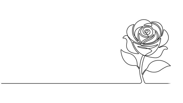 Animated self drawing of continuous line draw rose flower. Full length one line animation. 4K, Animated continuous single line drawing of roses flowers elegance motion, Full length one line animation.