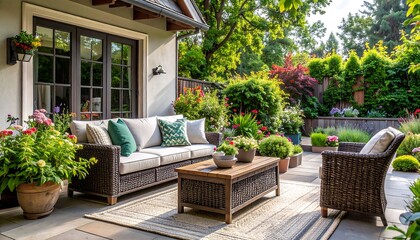 Cozy Outdoor Living Space with Lush Greenery and Comfortable Seating.
