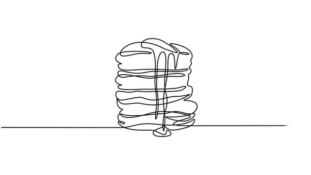 Animated self drawing of continuous line draw tall stack of pancakes drizzled with dripping syrup. Full length one line animation. 4K, Breakfast Brunch Dessert Vector Art. Tall Stack Pancakes video.