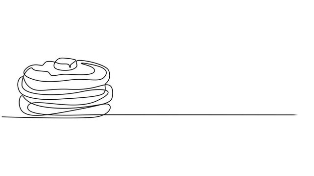 Animated self drawing of continuous line draw tall stack of pancakes drizzled with dripping syrup. Full length one line animation. 4K, Breakfast Brunch Dessert Vector Art. Tall Stack Pancakes video.