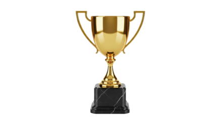 Shiny golden first place championship trophy cup symbol of success and victory isolated PNG with Transparent Background