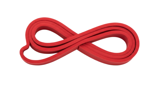 Red resistance exercise band coiled for fitness, workout, and physical therapy equipment isolated PNG with Transparent Background