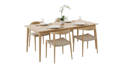 Modern wooden dining table set with four chairs and place settings for interior design visuals isolated PNG with Transparent Background