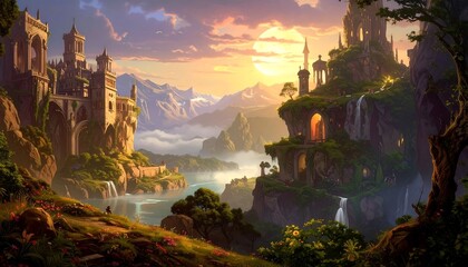 Fantasy Landscape with Majestic Castles and Serene Waterfalls at Sunset.