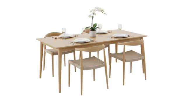 Modern wooden dining table set with four chairs and place settings for interior design visuals isolated PNG with Transparent Background