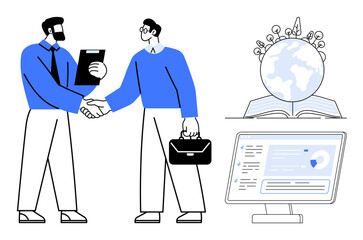 Two professionals shaking hands over clipboard and briefcase, globe with plants on book, and desktop with analytics. Ideal for teamwork, education, sustainability, innovation, global growth
