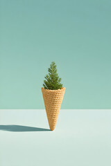 エコアイスクリームコーンに植えられたミニツリーのミニマルコンセプト、パステルグリーン背景とコピースペース