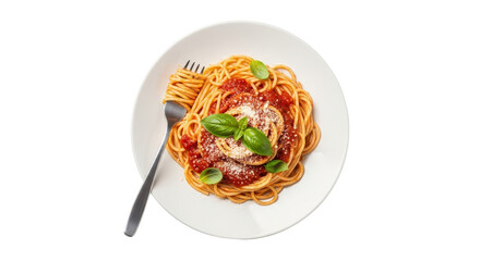 Delicious spaghetti pasta with tomato sauce, basil, and Parmesan cheese on a white plate. isolated PNG with Transparent Background