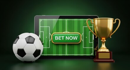 Online Football Betting App Concept: Digital Soccer Field with a 'Bet Now' Button, Championship Trophy, and Soccer Ball on a Dark Background