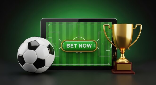 Online Football Betting App Concept: Digital Soccer Field with a 'Bet Now' Button, Championship Trophy, and Soccer Ball on a Dark Background