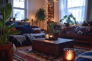 furniture pieces, layered textiles, and globally inspired decor accents. Integrate lush plants, string lights,