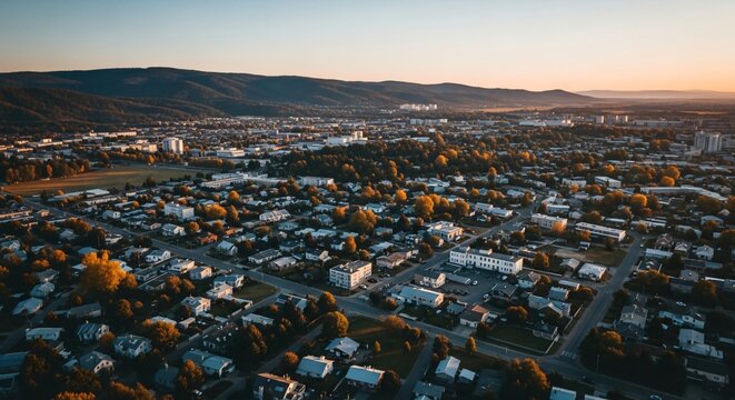 a city with lots of houses and trees in the fore